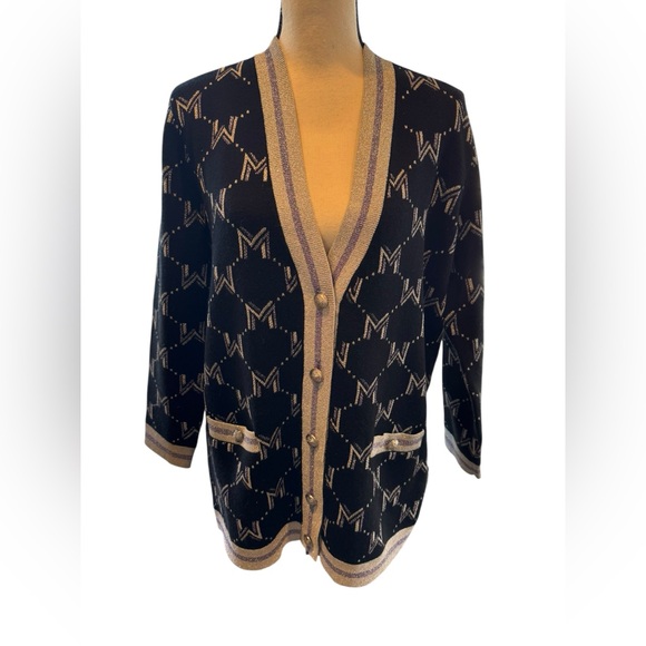 Maje Martch Monogrammed Metallic Jacquard Silver Black Cardigan - Picture 4 of 10